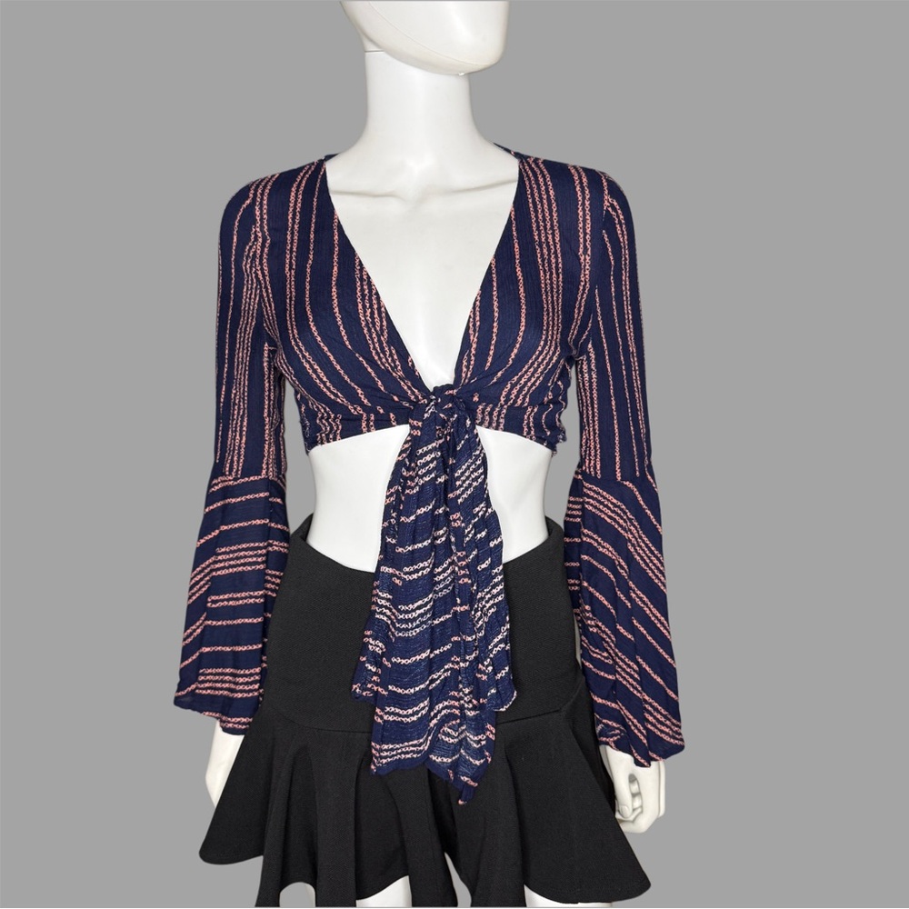 ILLA ILLA Navy and‎ Pink Striped Tie Front Top With Flared Sleeves